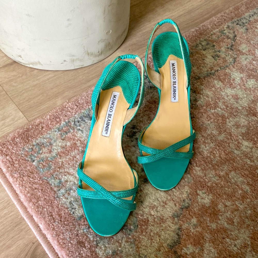 Green/blue designer Manolo Blahnik heels